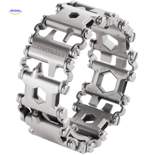 SurvivePro multi-tool bracelet in stainless steel silver on white background.