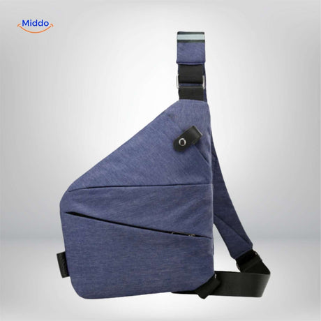 Sustainable light blue sling bag showing shoulder strap placement.