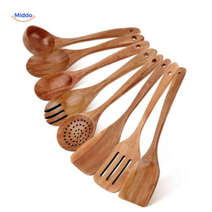Sustainable wooden kitchen utensil set with eco-friendly teak wood construction.