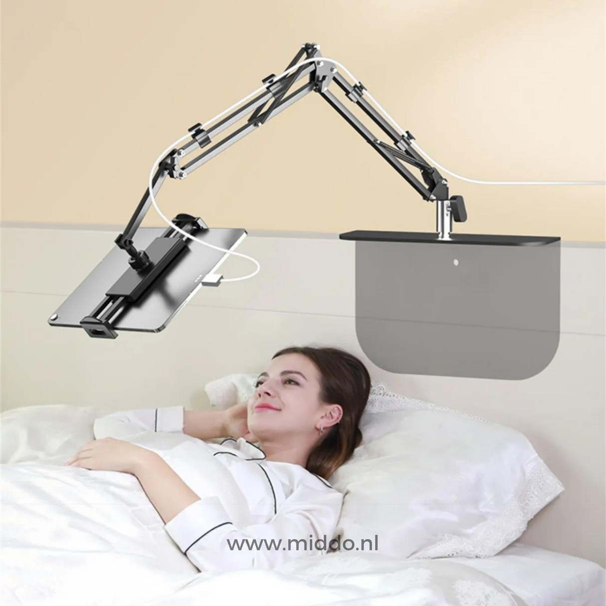 FlexArm enables hands-free tablet viewing while relaxing in bed.
