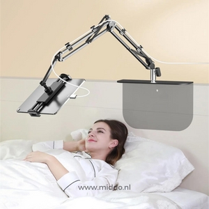 FlexArm enables hands-free tablet viewing while relaxing in bed.