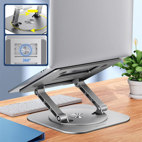 360-degree swivel laptop and tablet stand with full rotation on desk surface.
