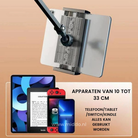 FlexArm holder compatible with phones, tablets, Switch, and Kindle devices.