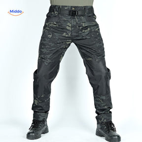 RaiderPro tactical pants in black camouflage with ripstop fabric.