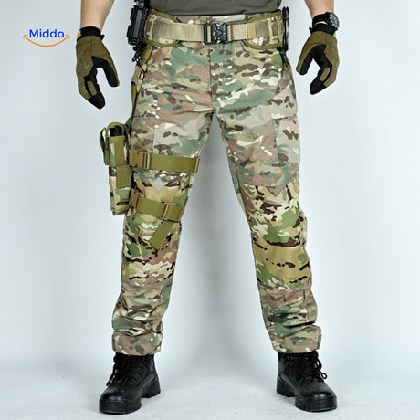 Rip-resistant tactical pants in camouflage pattern with multiple pockets.