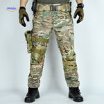 Rip-resistant tactical pants in camouflage pattern with multiple pockets.