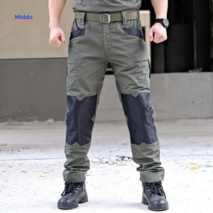 Front view of tactical pants displaying multi-pocket layout and fit.