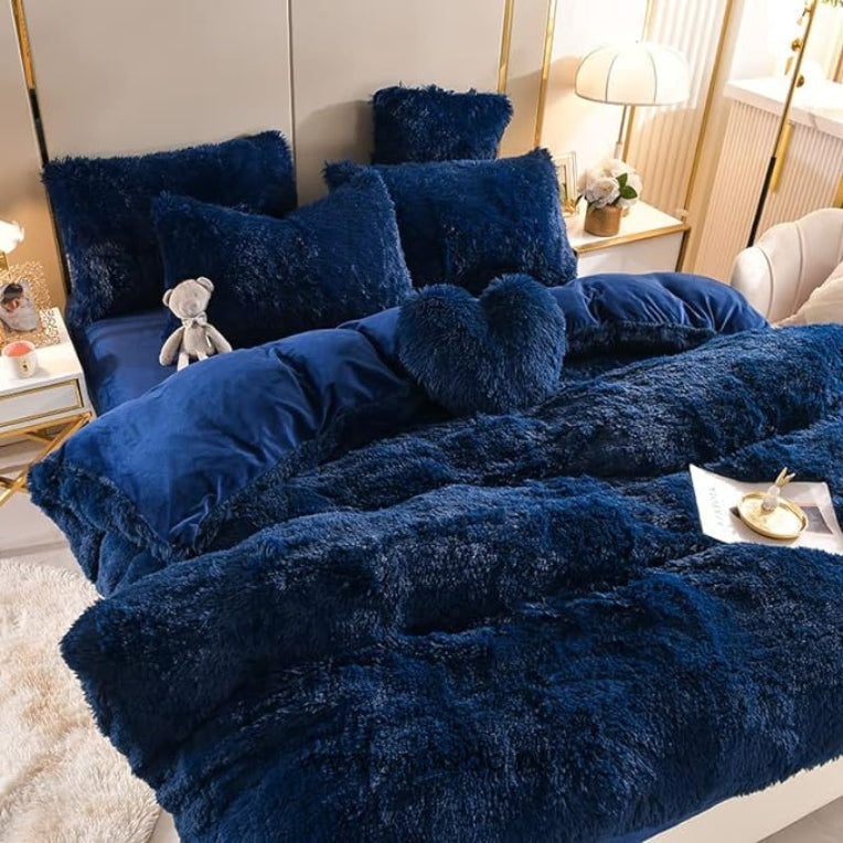 Dark blue teddy fleece bedding set perfect for cozy winter bedroom comfort
