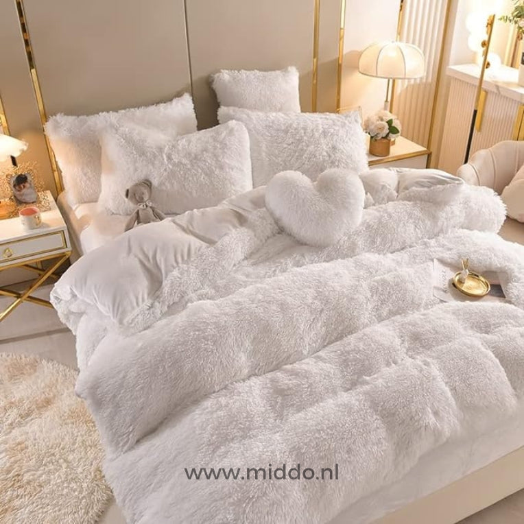 White teddy fleece bedding set offering clean aesthetic and cozy winter bedding