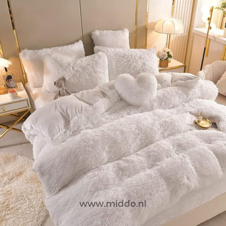 White teddy fleece bedding set offering clean aesthetic and cozy winter bedding