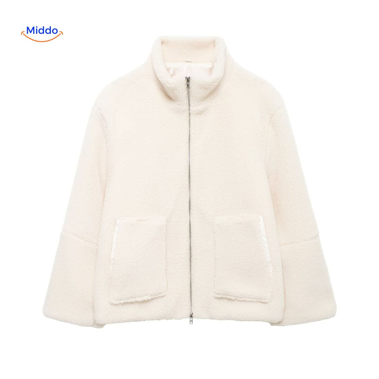 Beige teddy wool coat in studio lighting, showcasing material and color.