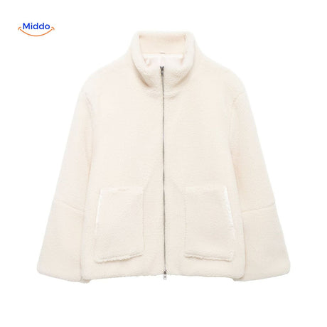 Beige teddy wool coat in studio lighting, showcasing material and color.