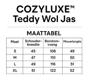 Teddy wool coat dimension chart with fit specifications and size reference.