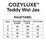 Teddy wool coat dimension chart with fit specifications and size reference.