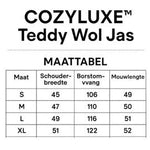 Teddy wool coat dimension chart with fit specifications and size reference.