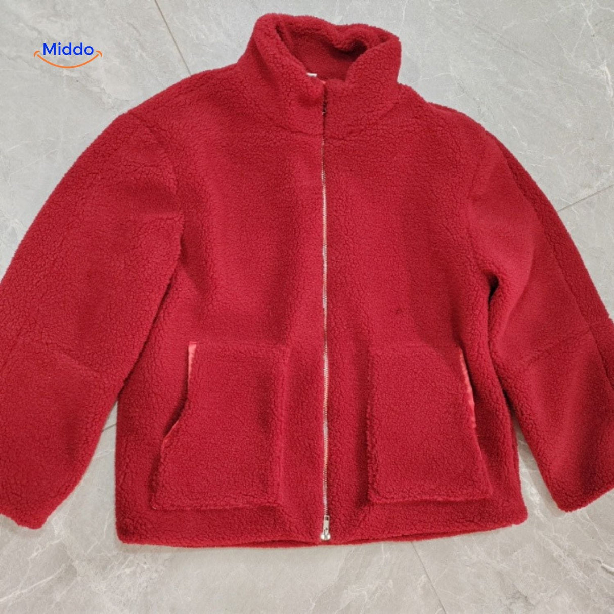 Red teddy wool coat showing color option in full length presentation.