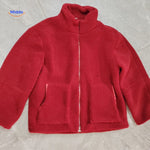 Red teddy wool coat showing color option in full length presentation.