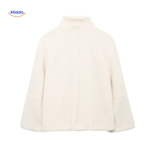 White teddy wool coat back view showing high collar and rear silhouette.