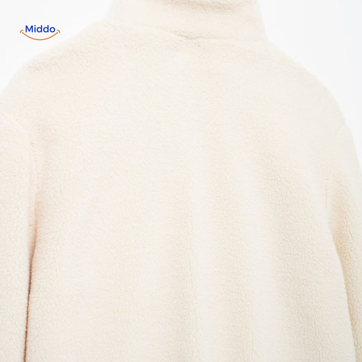 White teddy wool coat rear view showing back panel and overall construction.
