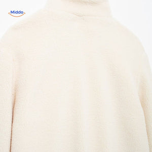 White teddy wool coat rear view showing back panel and overall construction.