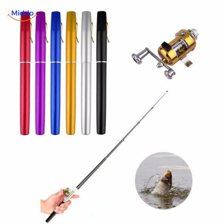 Telescopic fishing rod reel set displayed in multiple color options including blue, gold, black, and red.