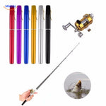 Telescopic fishing rod reel set displayed in multiple color options including blue, gold, black, and red.