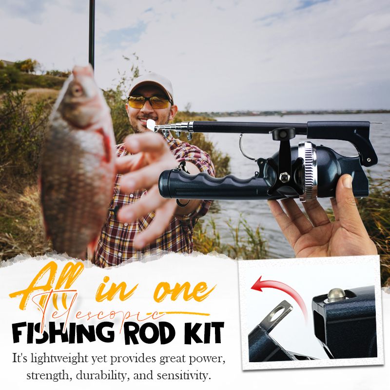 Telescopic fishing rod kit with all components included in compact portable form.