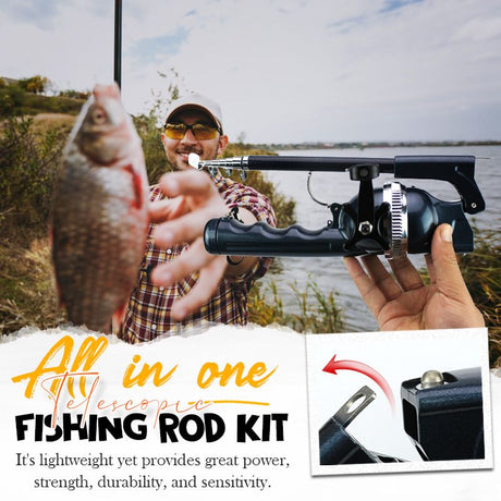 Telescopic fishing rod kit with all components included in compact portable form.