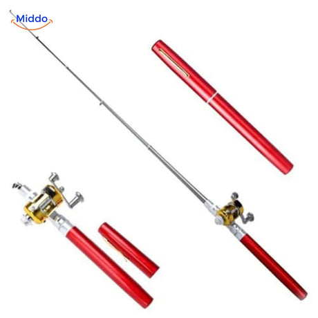 Red telescopic fishing rod and reel set, showing the durable construction and complete kit contents.