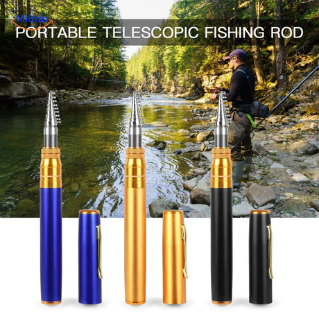 Compact telescopic fishing rod and reel set in gold finish, fully assembled and travel-ready.