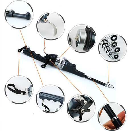 Telescopic fishing rod kit includes essential accessories for complete fishing setup.
