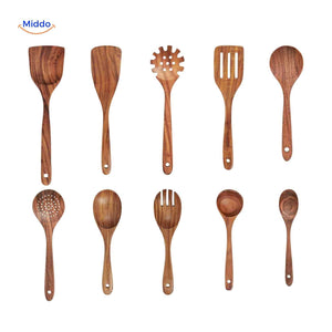 Ten-piece wooden kitchen utensil set with comprehensive selection of cooking tools.