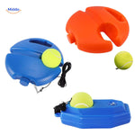 Tennis rebound trainer with elastic cord and ball shown in solo practice use.