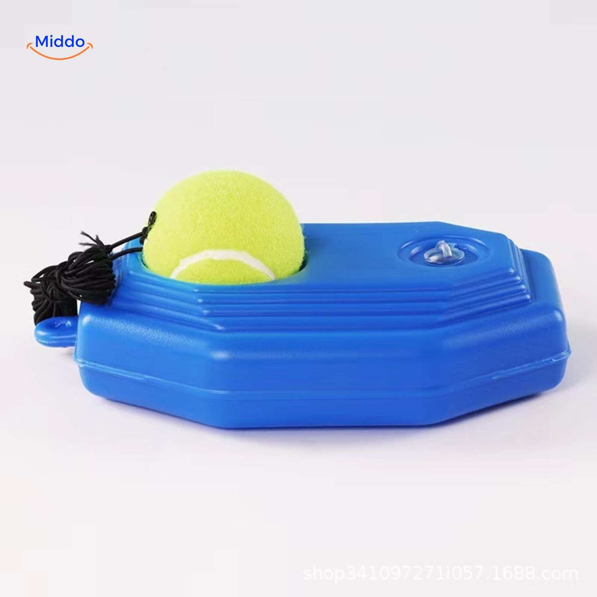 Compact tennis trainer base station filled with water ballast for stable solo practice.