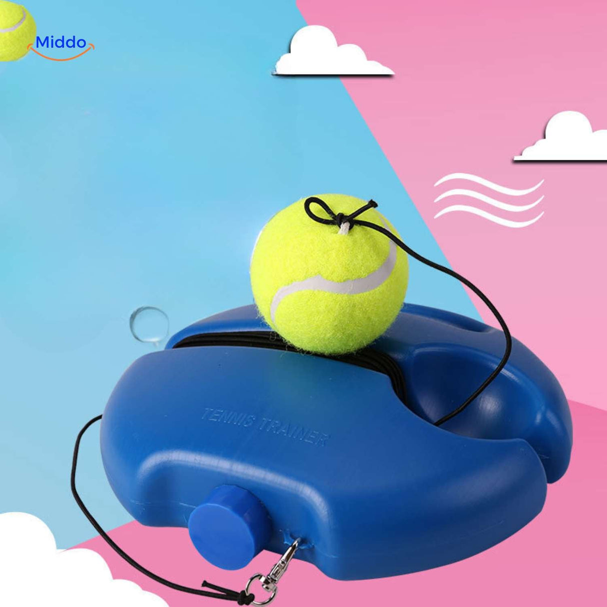Full product view of the tennis solo trainer with elastic cord and rebound ball.