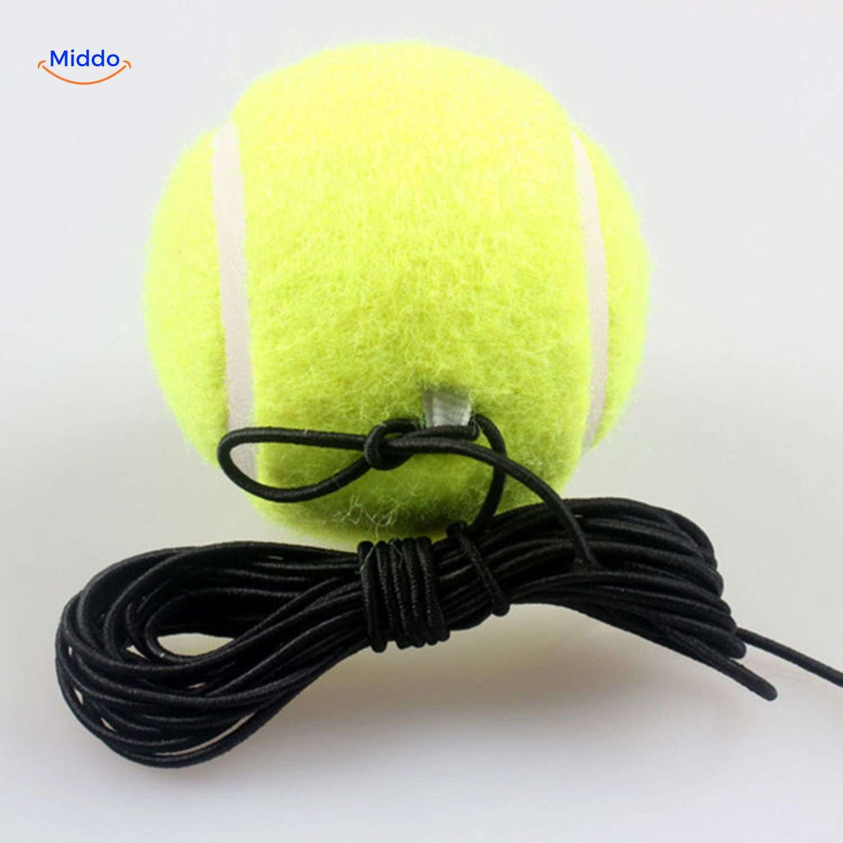 Elastic rebound cord and practice ball connection detail of the solo tennis trainer.