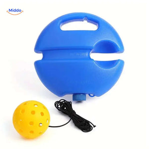 Perforated yellow practice ball attached to the solo tennis rebound trainer cord.