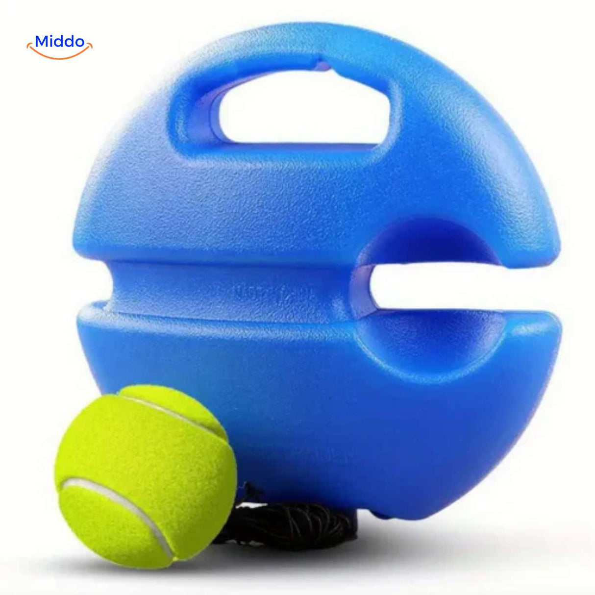 Round solo tennis trainer showing ergonomic handle and attached practice ball.