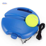Tennis training device with rubber elastic cord and practice ball, shown in detail.