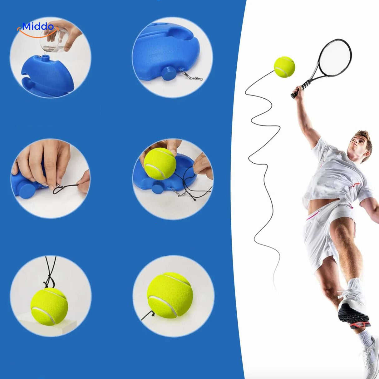 Step-by-step installation guide showing how to assemble the solo tennis rebound trainer.