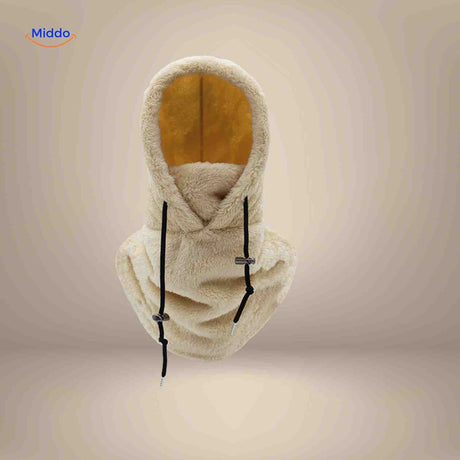 Beige thermo hat with integrated fleece neck warmer and face mask coverage.