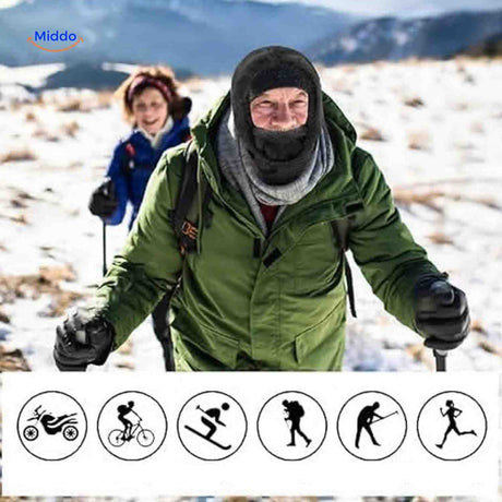 Fleece balaclava for winter hiking and outdoor snow activities with neck warmth.