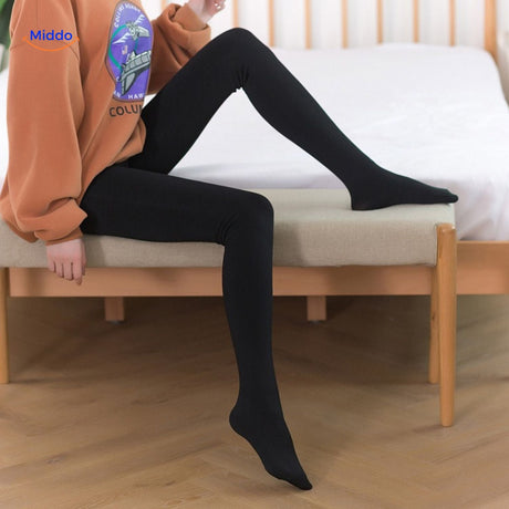 Unrolled thermal fleece-lined winter tights showing beige and black options.