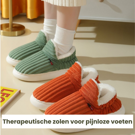 Multiple color options of therapeutic fleece winter slippers in orange and green variants.