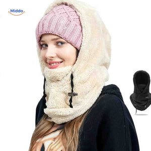 Women's thermo hat in beige with fleece hood and integrated face mask protection.