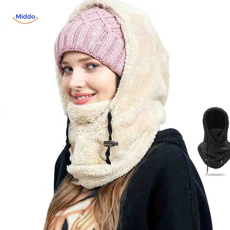 Women's thermo hat in beige with fleece hood and integrated face mask protection.