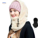 Women's thermo hat in beige with fleece hood and integrated face mask protection.