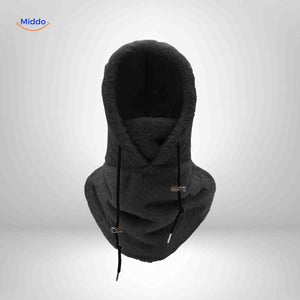 Classic black thermo hat with fleece hood and versatile neck warmer protection.