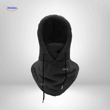 Classic black thermo hat with fleece hood and versatile neck warmer protection.