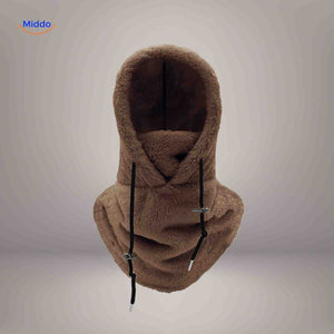 Brown thermo hat with fleece hood and full coverage for winter face mask needs.